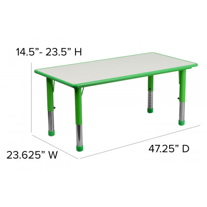 BLNK Emmy Rectangular Plastic Height Adjustable Activity Table Set - Green, 23.625"W x 47.25"L, with 6 Chairs