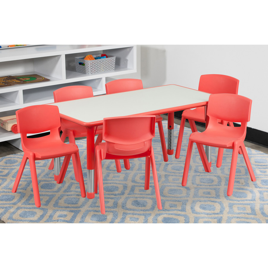 BLNK Emmy Rectangular Plastic Height Adjustable Activity Table Set - Red, 23.625"W x 47.25"L, with 6 Chairs