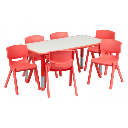 BLNK Emmy Rectangular Plastic Height Adjustable Activity Table Set - Red, 23.625"W x 47.25"L, with 6 Chairs