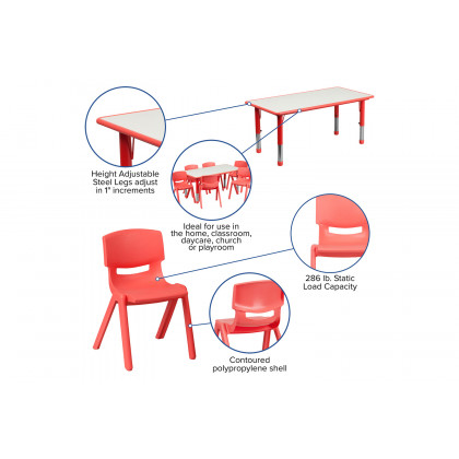 BLNK Emmy Rectangular Plastic Height Adjustable Activity Table Set - Red, 23.625"W x 47.25"L, with 6 Chairs