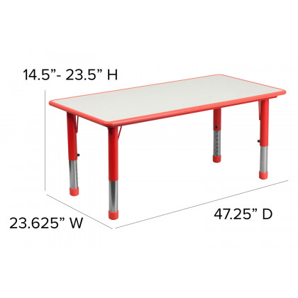 BLNK Emmy Rectangular Plastic Height Adjustable Activity Table Set - Red, 23.625"W x 47.25"L, with 6 Chairs