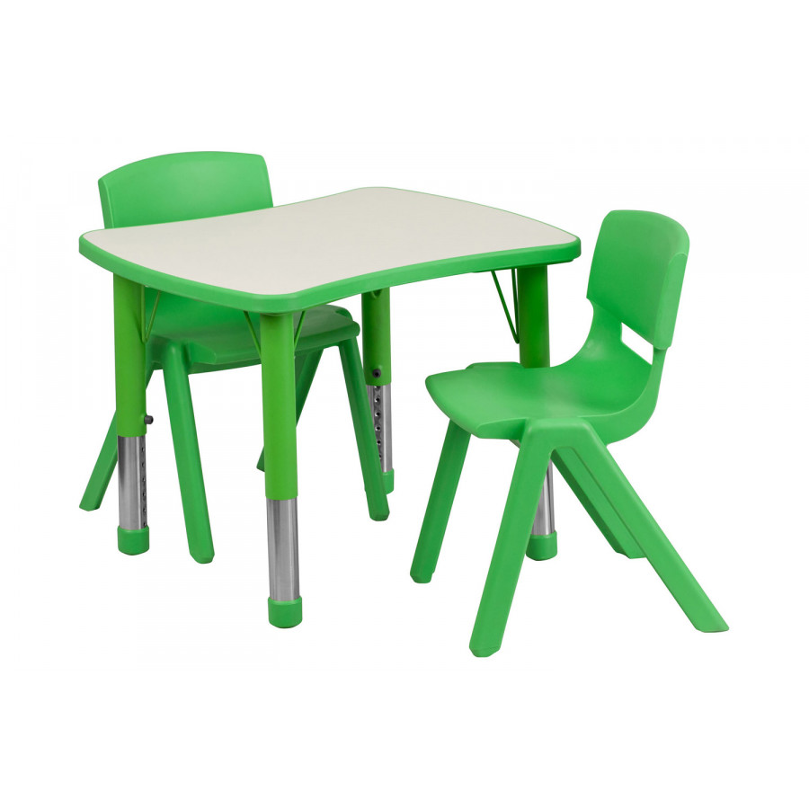 BLNK Emmy Rectangular Plastic Height Adjustable Activity Table Set - Green, 21.875"W x 26.625"L, with 2 Chairs