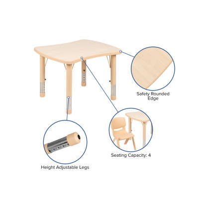 BLNK Emmy Rectangular Plastic Height Adjustable Activity Table Set - Natural, 21.875"W x 26.625"L, with 2 Chairs
