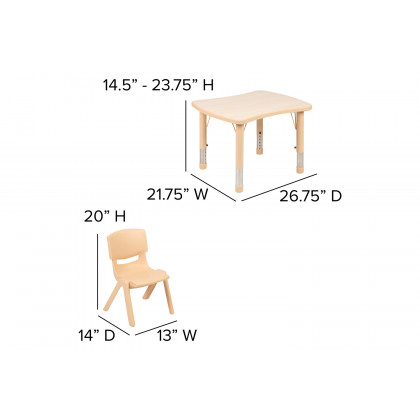 BLNK Emmy Rectangular Plastic Height Adjustable Activity Table Set - Natural, 21.875"W x 26.625"L, with 2 Chairs