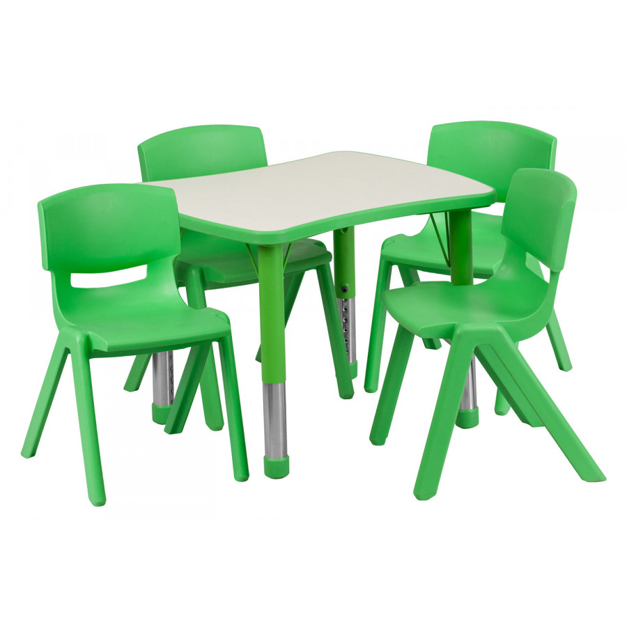 BLNK Emmy Rectangular Plastic Height Adjustable Activity Table Set - Green, 21.875"W x 26.625"L, with 4 Chairs