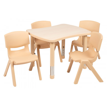 BLNK Emmy Rectangular Plastic Height Adjustable Activity Table Set - Natural, 21.875"W x 26.625"L, with 4 Chairs