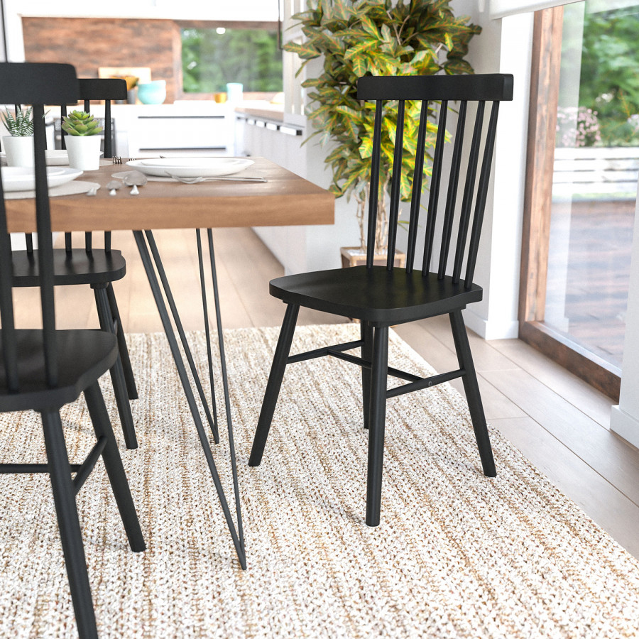 BLNK Ingrid Commercial Windsor Dining Chairs, Solid Wood Armless Spindle Back Restaurant Dining Chairs Set of 2 - Black