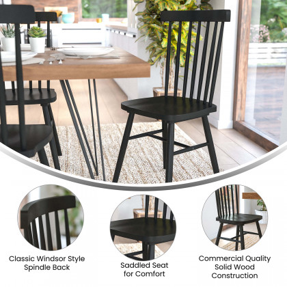 BLNK Ingrid Commercial Windsor Dining Chairs, Solid Wood Armless Spindle Back Restaurant Dining Chairs Set of 2 - Black