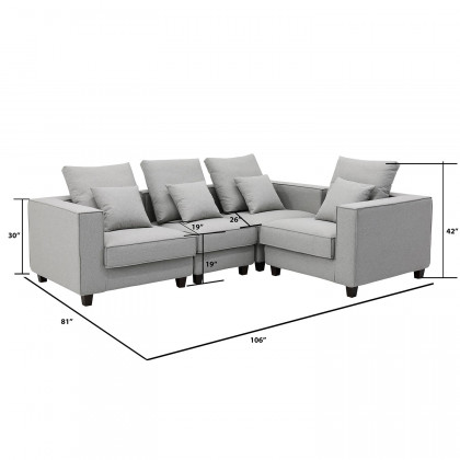 Furnings - AVA Gray Luxury Linen Texture Water Repellent Washable Fabric 4 Pieces Corner Modular Sectional