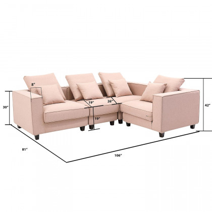 Furnings AVA Dust Pink Luxury Linen Texture Water Repellent Washable Fabric 4 Pieces Corner Modular Sectional - 4 Piece Corner Modular Set