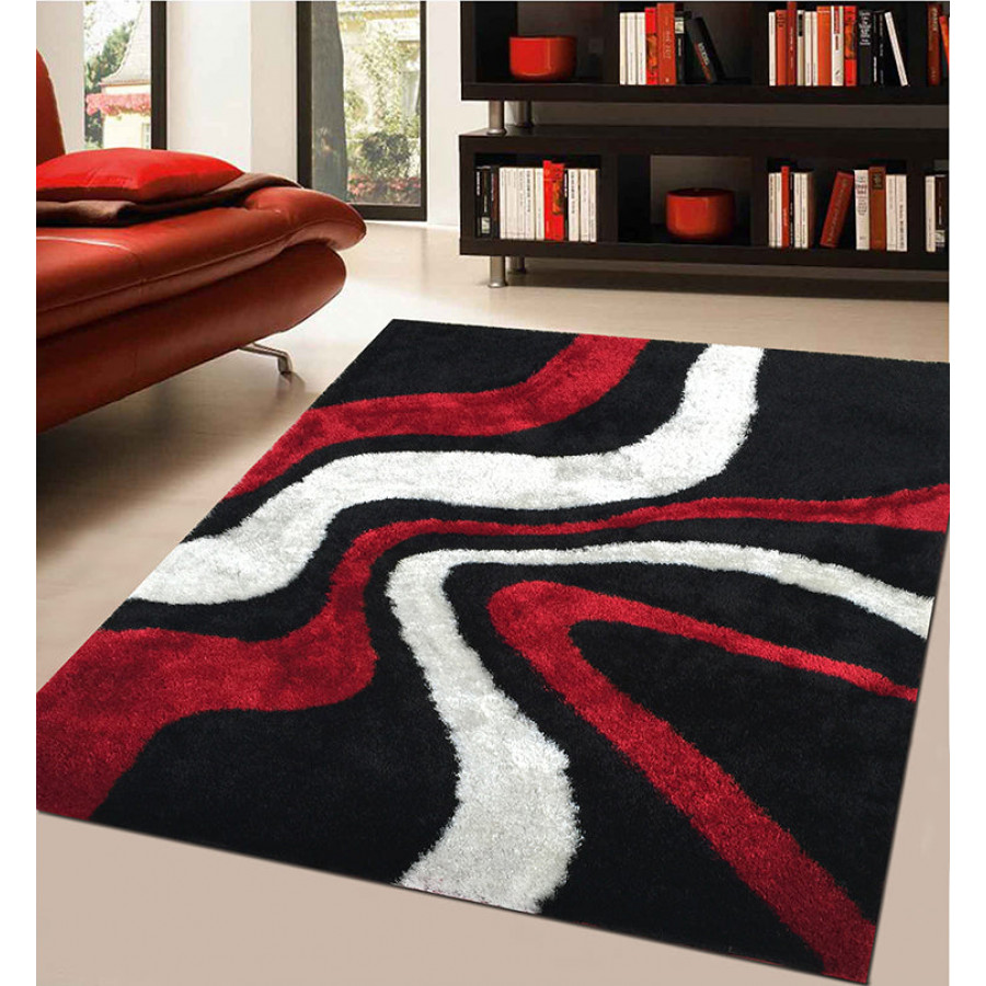 Furnings Aria Black, White & Red Soft Pile Shaggy Area Rug - 11'L x 8'W x 1"H