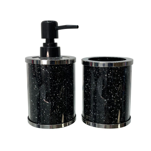 Furnings Soap Dispenser and Toothbrush Holder in Gift Box, Black Crushed Diamond Glass