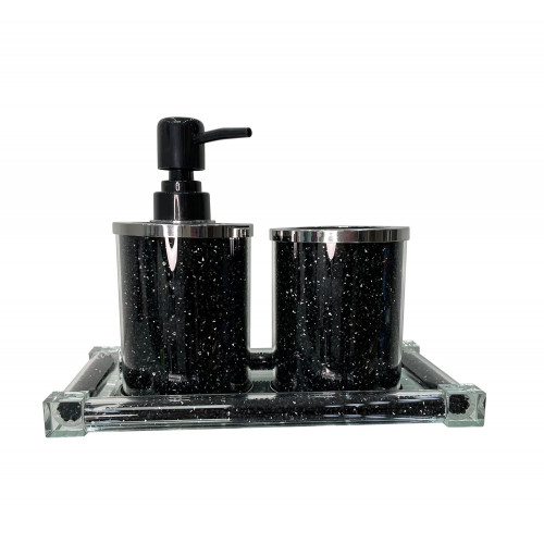 Furnings - Soap Dispenser and Toothbrush Holder with Tray, Black Crushed Diamond Glass