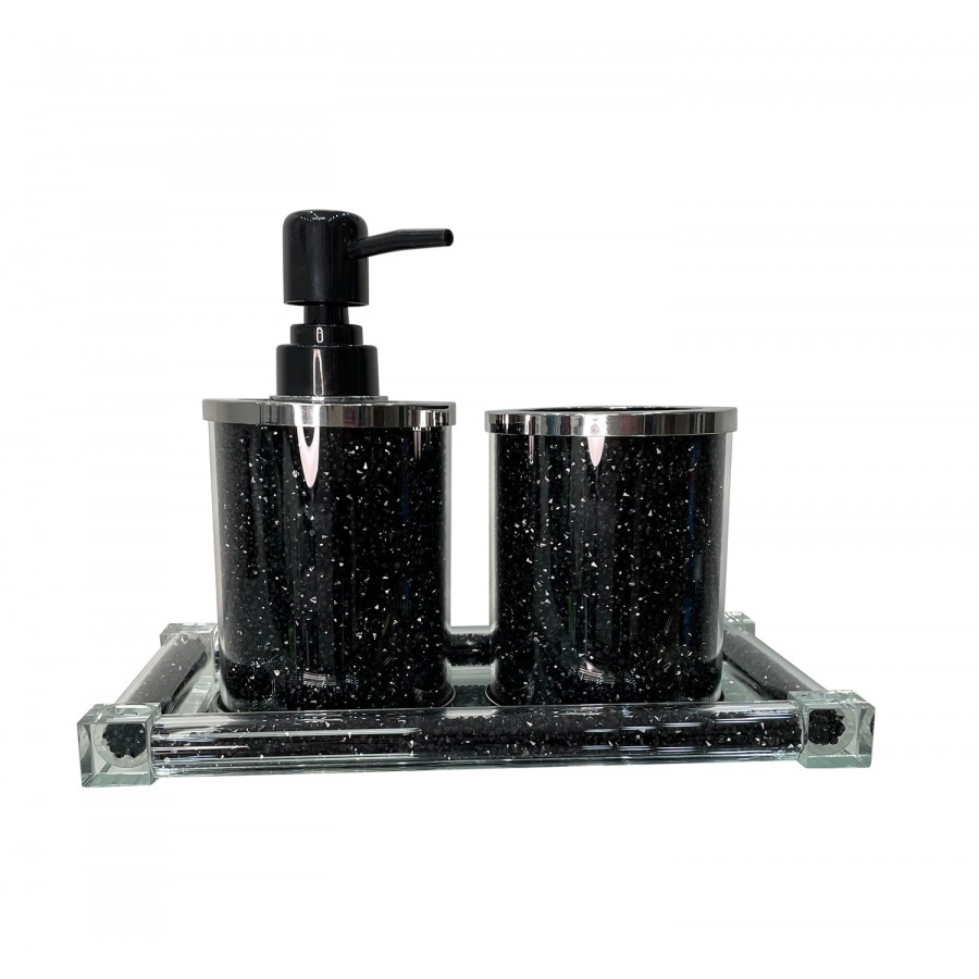 Furnings - Soap Dispenser and Toothbrush Holder with Tray, Black Crushed Diamond Glass