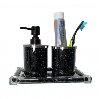 Furnings - Soap Dispenser and Toothbrush Holder with Tray, Black Crushed Diamond Glass