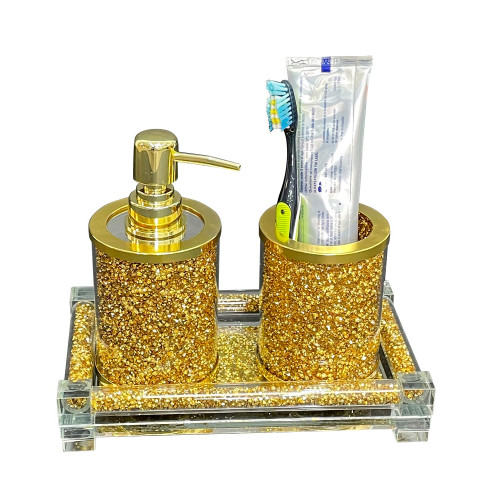 Furnings - Soap Dispenser and Toothbrush Holder with Tray, Gold Crushed Diamond Glass