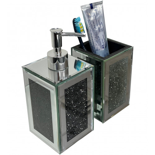 Furnings - Square Soap Dispenser and Toothbrush Holder in Gift Box, Black Crushed Diamond Glass