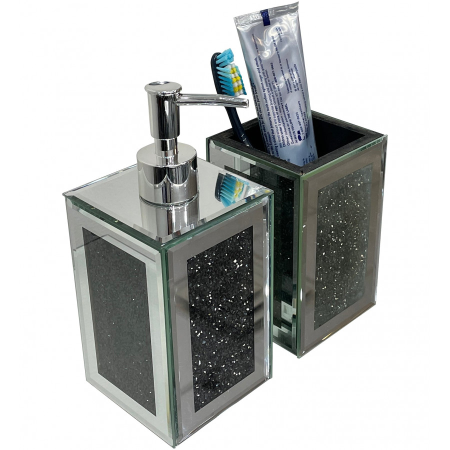 Furnings - Square Soap Dispenser and Toothbrush Holder in Gift Box, Black Crushed Diamond Glass