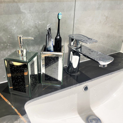 Furnings - Square Soap Dispenser and Toothbrush Holder in Gift Box, Black Crushed Diamond Glass