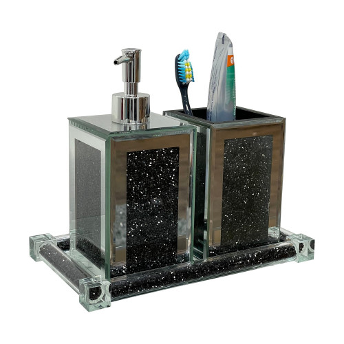 Furnings - Square Soap Dispenser and Toothbrush Holder with Tray, Black Crushed Diamond Glass