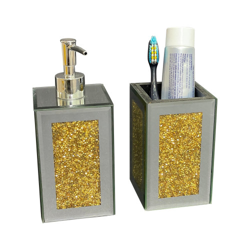 Furnings - Square Soap Dispenser and Toothbrush Holder in Gift Box, Gold Crushed Diamond Glass
