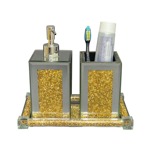 Furnings - Square Soap Dispenser and Toothbrush Holder with Tray, Gold Crushed Diamond Glass
