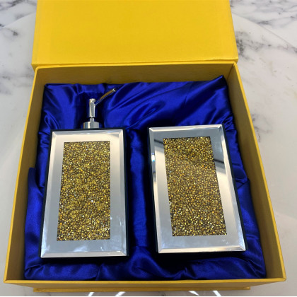 Furnings - Square Soap Dispenser and Toothbrush Holder with Tray, Gold Crushed Diamond Glass