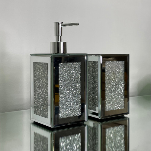 Furnings - Square Soap Dispenser and Toothbrush Holder in Gift Box, Silver Crushed Diamond Glass