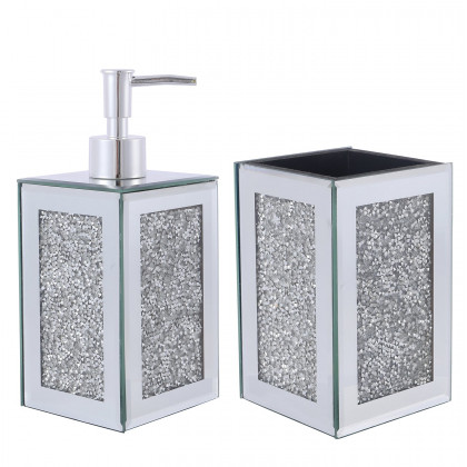 Furnings - Square Soap Dispenser and Toothbrush Holder in Gift Box, Silver Crushed Diamond Glass