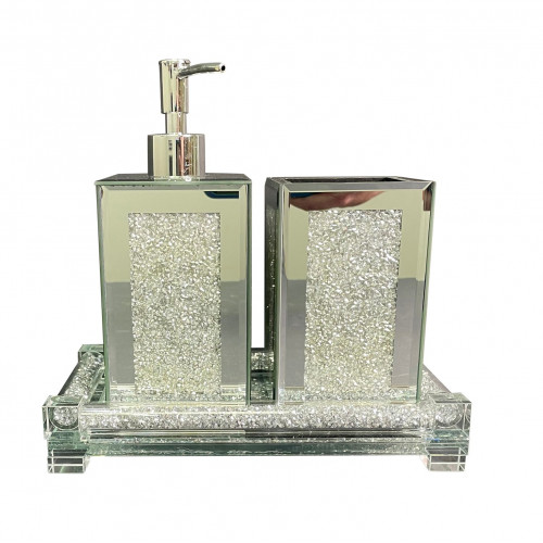 Furnings - Square Soap Dispenser and Toothbrush Holder with Tray, Silver Crushed Diamond Glass