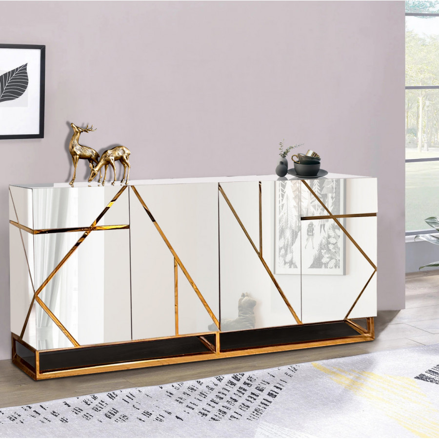 Furnings - Mirrored Sideboard Buffet with Gold Geometric Accents in Glamorous Storage and Serving Solution