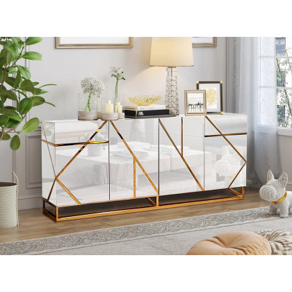 Furnings - Mirrored Sideboard Buffet with Gold Geometric Accents in Glamorous Storage and Serving Solution