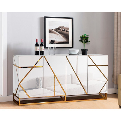Furnings - Mirrored Sideboard Buffet with Gold Geometric Accents in Glamorous Storage and Serving Solution