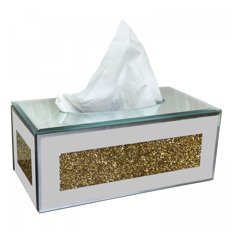 Furnings Mirrored Tissue Holder in Gift Box in Gift Box, Gold Crushed Diamond Glass Accent