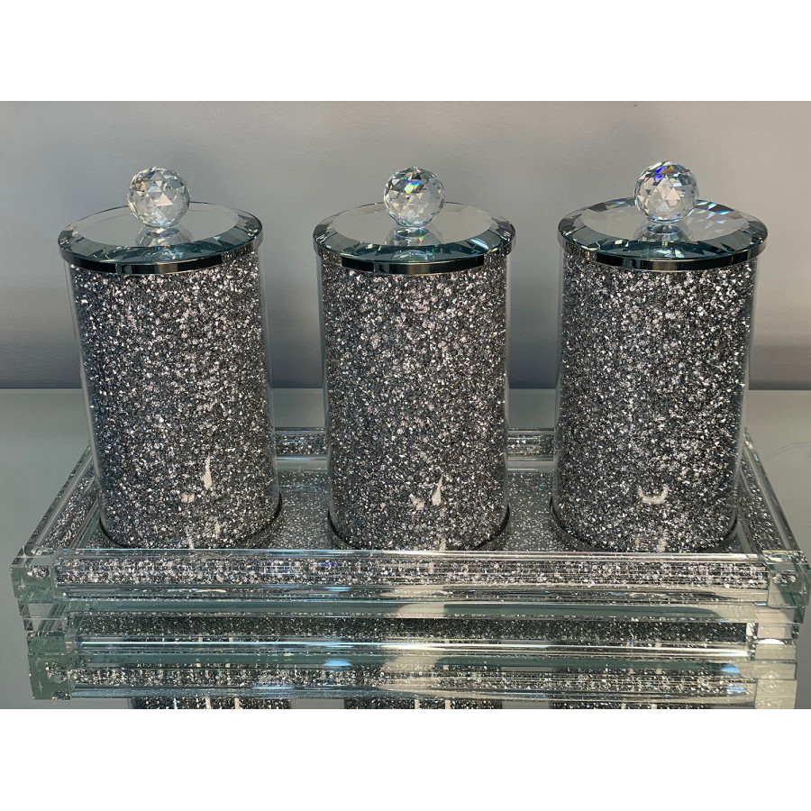 Furnings Three Glass Canister Set on a Tray, Silver Crushed Diamond Glass - 8"H x 4"D