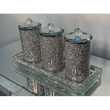 Furnings Three Glass Canister Set on a Tray, Silver Crushed Diamond Glass - 8"H x 4"D