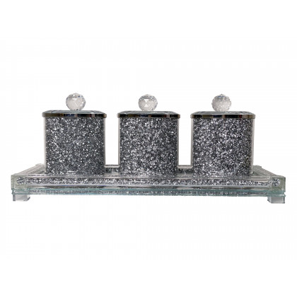 Furnings Three Glass Canister Set on a Tray, Silver Crushed Diamond Glass - 8"H x 4"D