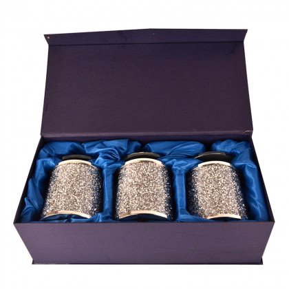 Furnings Three Glass Canister Set on a Tray, Silver Crushed Diamond Glass - 8"H x 4"D