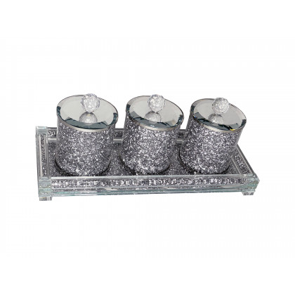 Furnings Three Glass Canister Set on a Tray, Silver Crushed Diamond Glass - 8"H x 4"D