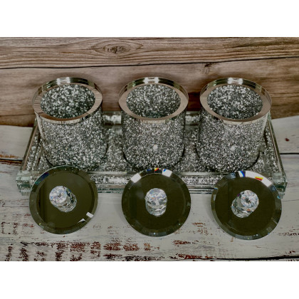 Furnings Three Glass Canister Set on a Tray, Silver Crushed Diamond Glass - 8"H x 4"D