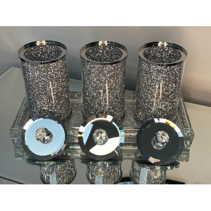 Furnings Three Glass Canister Set on a Tray, Silver Crushed Diamond Glass - 8"H x 4"D