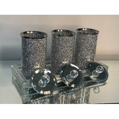 Furnings Three Glass Canister Set on a Tray, Silver Crushed Diamond Glass - 8"H x 4"D