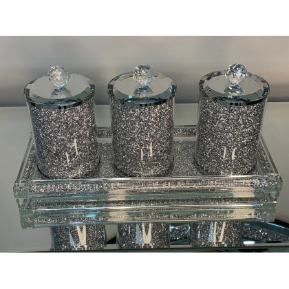Furnings Three Glass Canister Set on a Tray, Silver Crushed Diamond Glass - 8"H x 4"D