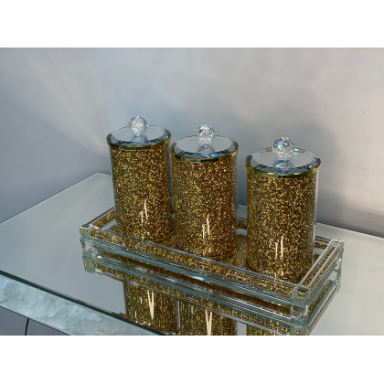 Furnings Three Glass Canister Set on a Tray, Gold Crushed Diamond Glass - 7"H x 4"D