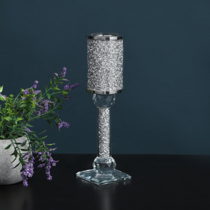 Furnings Ambrose Exquisite Candle Holder in Gift Box, Silver Crushed Diamonds Glass - 12.25"H x 2.75"D