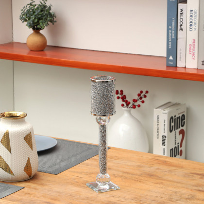 Furnings Ambrose Exquisite Candle Holder in Gift Box, Silver Crushed Diamonds Glass - 12.25"H x 2.75"D