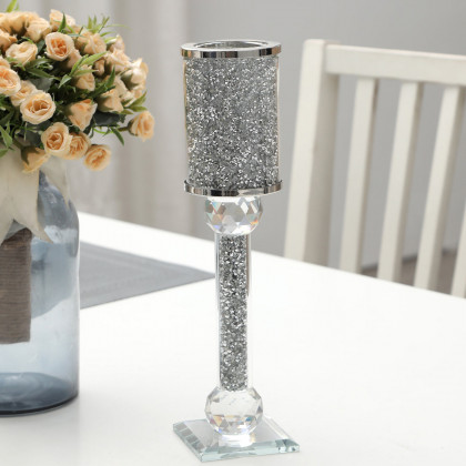 Furnings Ambrose Exquisite Candle Holder in Gift Box, Silver Crushed Diamonds Glass - 12.25"H x 2.75"D