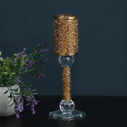 Furnings Ambrose Exquisite Candle Holder in Gift Box, Gold Crushed Diamonds Glass - 10.25"H x 2.75"D