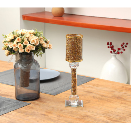 Furnings Ambrose Exquisite Candle Holder in Gift Box, Gold Crushed Diamonds Glass - 10.25"H x 2.75"D