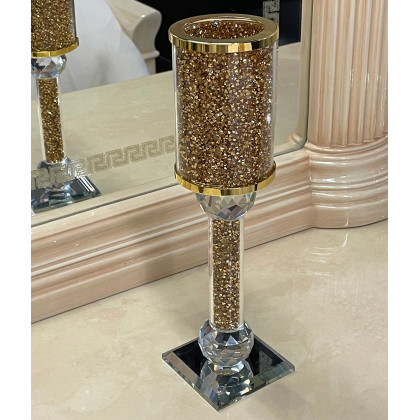 Furnings Ambrose Exquisite Candle Holder in Gift Box, Gold Crushed Diamonds Glass - 10.25"H x 2.75"D